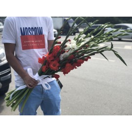 Красно-белый микс из гладиолусов 